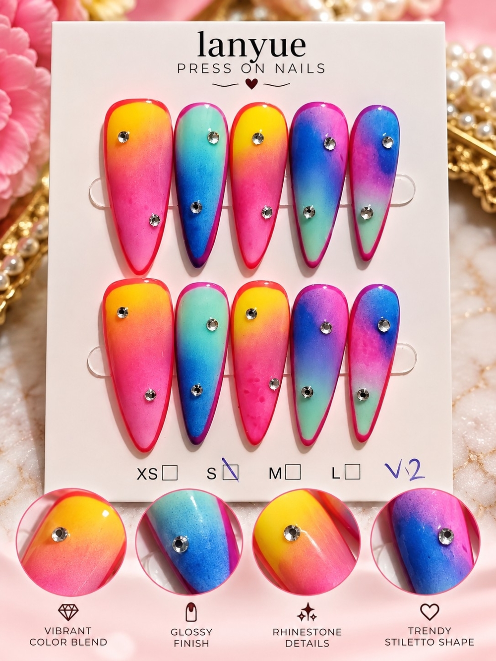 Lanyue Colorful Ombre Rhinestone Press-On Nails Size S